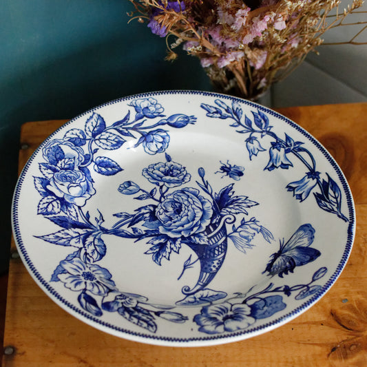 Sce ROUEN CHOISY LE ROI HB & Cie Terre de Fer French Antique Ironstone Blue Transferware Footed Cake Plate Birds & Butterflies Faïence