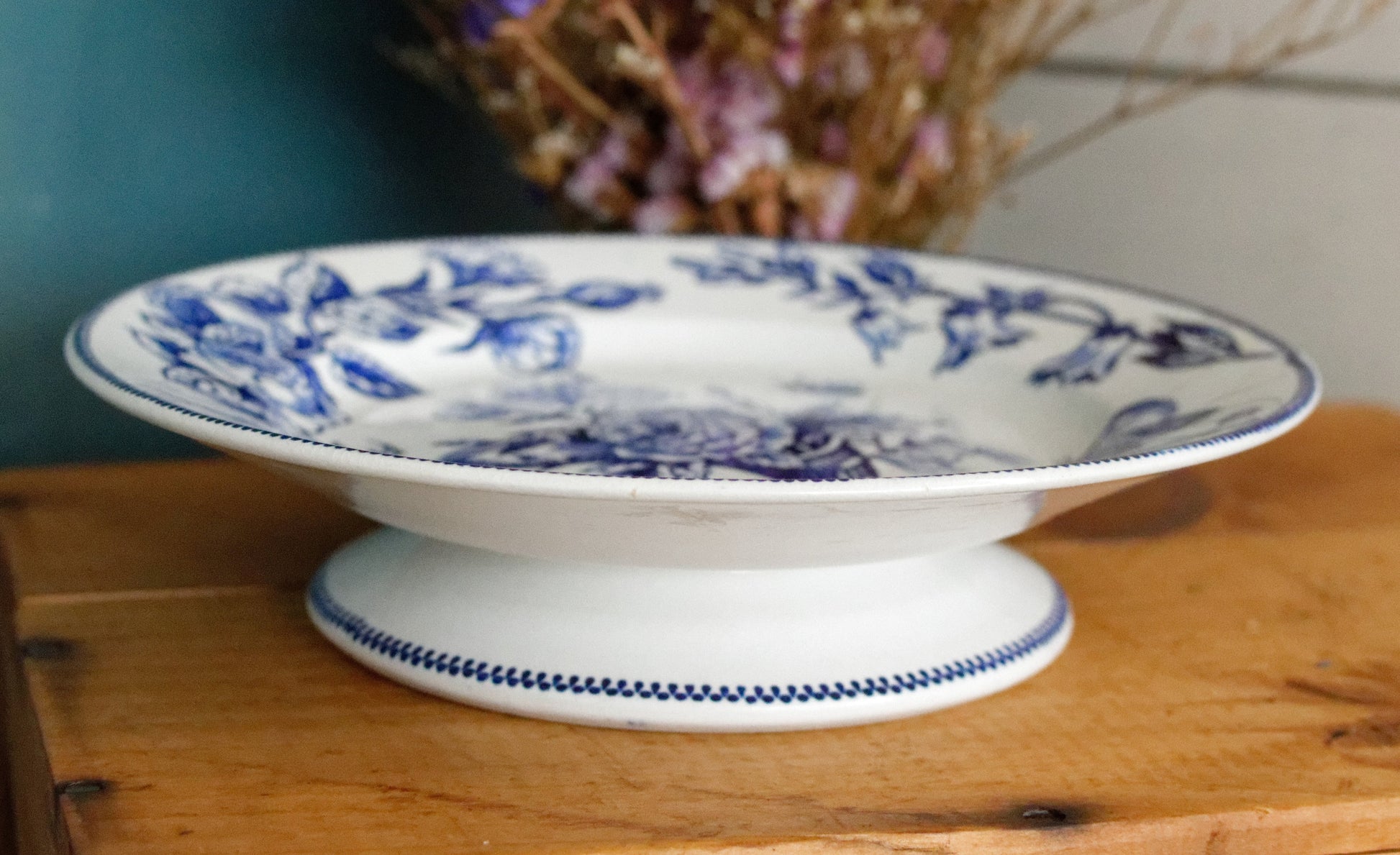 Sce ROUEN CHOISY LE ROI HB & Cie Terre de Fer French Antique Ironstone Blue Transferware Footed Cake Plate Birds & Butterflies Faïence