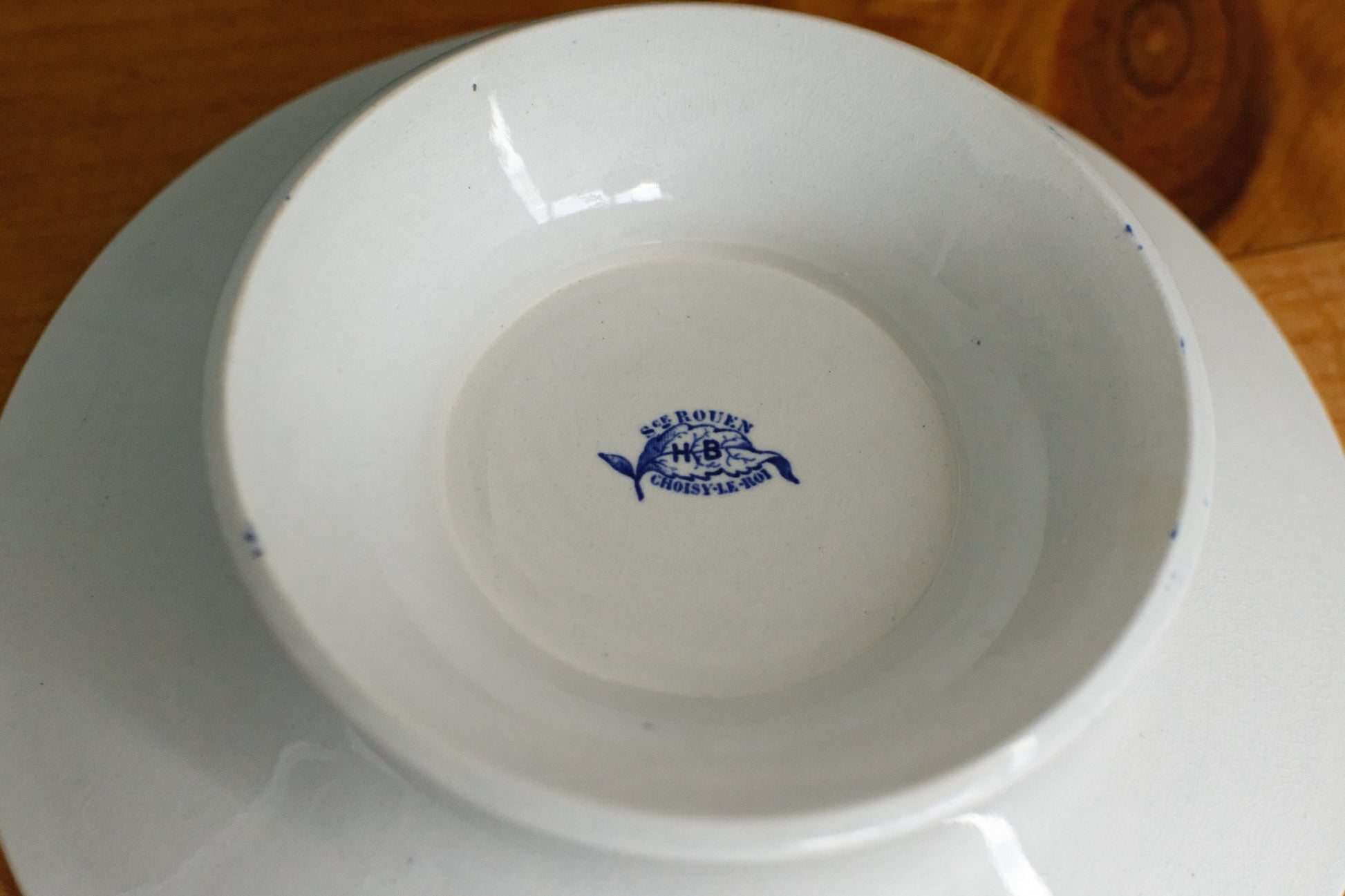 Sce ROUEN CHOISY LE ROI HB & Cie Terre de Fer French Antique Ironstone Blue Transferware Footed Cake Plate Birds & Butterflies Faïence
