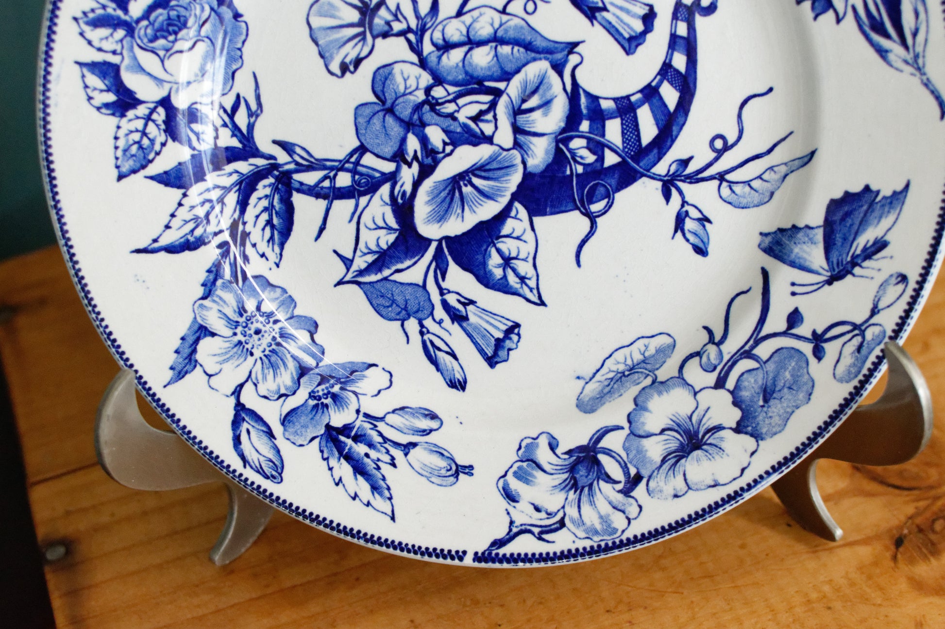 Sce ROUEN CHOISY LE ROI (HB & Cie) Terre de Fer French Antique Ironstone Blue Transferware Plate Birds & Butterflies Faïence