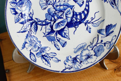 Sce ROUEN CHOISY LE ROI (HB & Cie) Terre de Fer French Antique Ironstone Blue Transferware Plate Birds & Butterflies Faïence