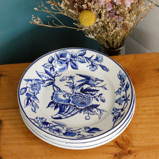 Sce ROUEN CHOISY LE ROI (HB & Cie) Terre de Fer French Antique Ironstone Blue Transferware Plate Birds & Butterflies Faïence