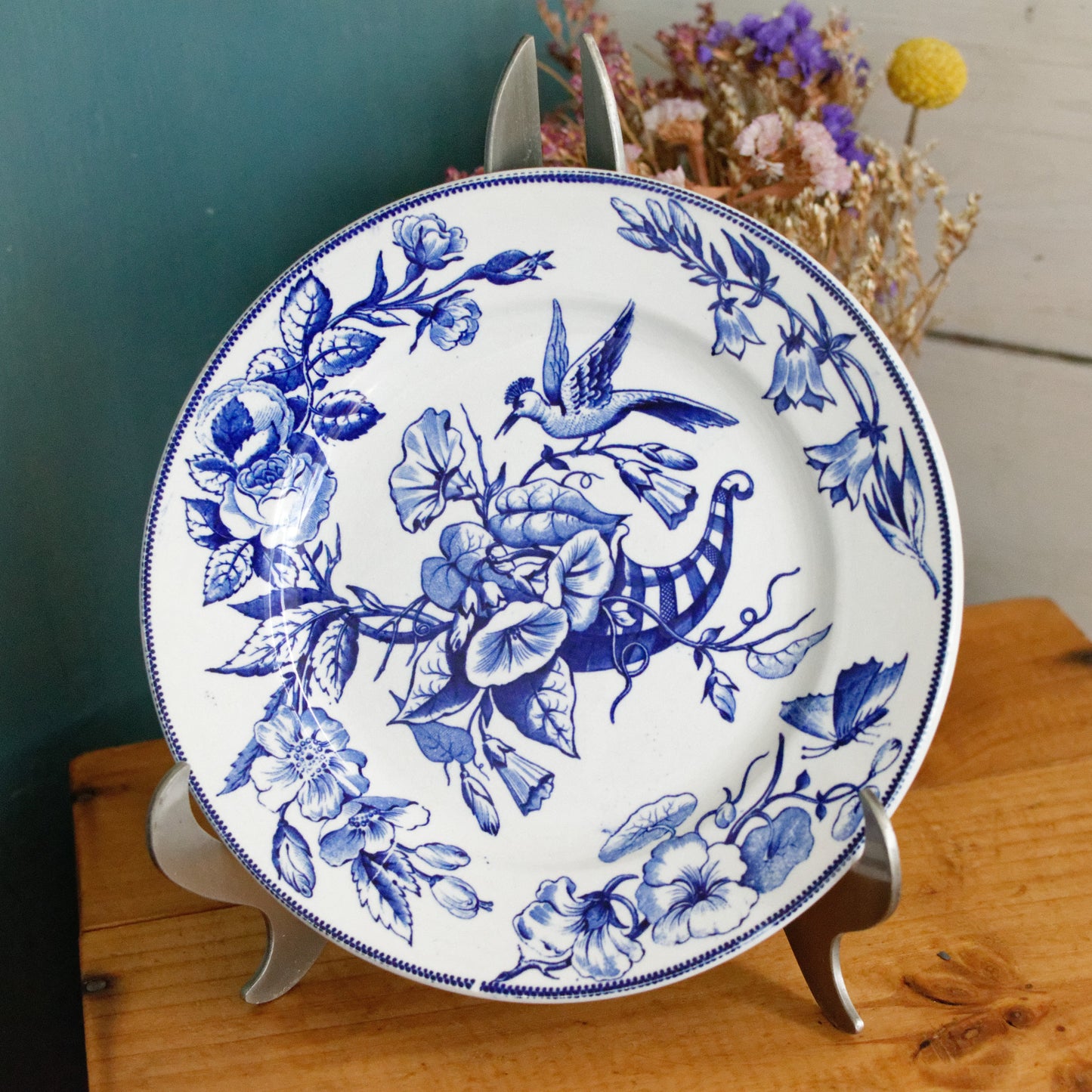 Sce ROUEN CHOISY LE ROI (HB & Cie) Terre de Fer French Antique Ironstone Blue Transferware Plate Birds & Butterflies Faïence
