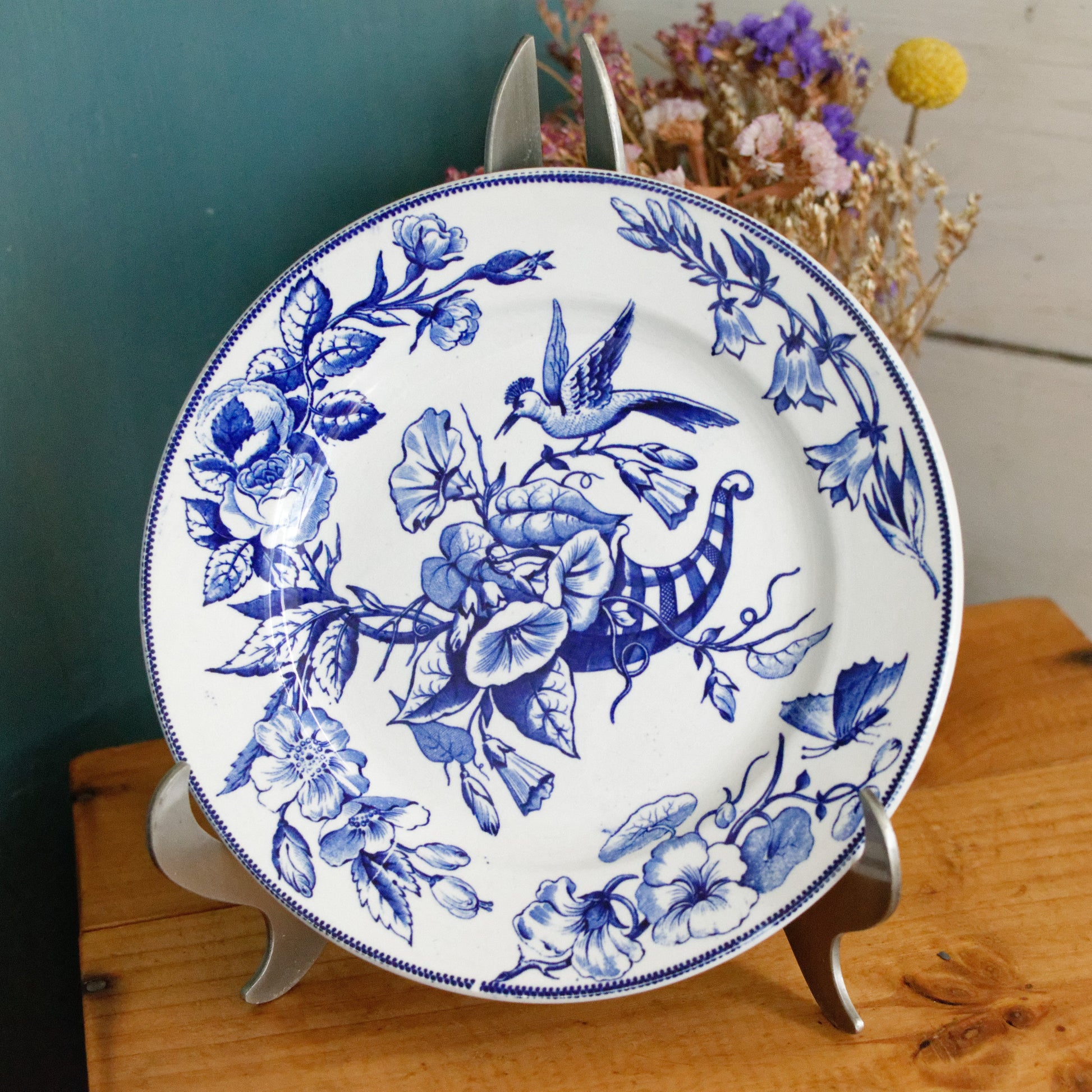 Sce ROUEN CHOISY LE ROI (HB & Cie) Terre de Fer French Antique Ironstone Blue Transferware Plate Birds & Butterflies Faïence