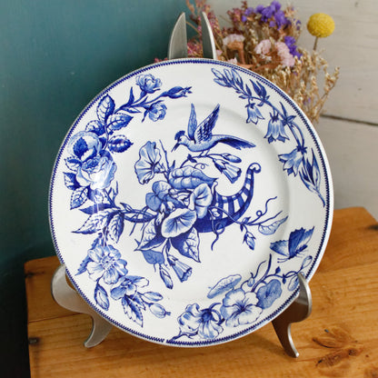 Sce ROUEN CHOISY LE ROI (HB & Cie) Terre de Fer French Antique Ironstone Blue Transferware Plate Birds & Butterflies Faïence