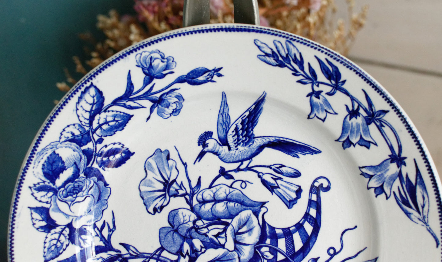 Sce ROUEN CHOISY LE ROI (HB & Cie) Terre de Fer French Antique Ironstone Blue Transferware Plate Birds & Butterflies Faïence