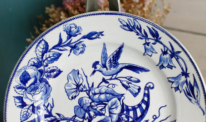 Sce ROUEN CHOISY LE ROI (HB & Cie) Terre de Fer French Antique Ironstone Blue Transferware Plate Birds & Butterflies Faïence