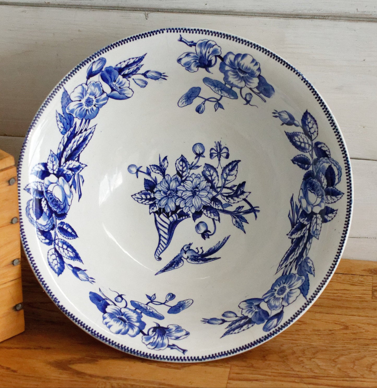 Sce ROUEN CHOISY LE ROI (HB & Cie) Terre de Fer French Antique Ironstone Blue Transferware Footed Serving Bowl Bol Birds & Butterflies Faïence