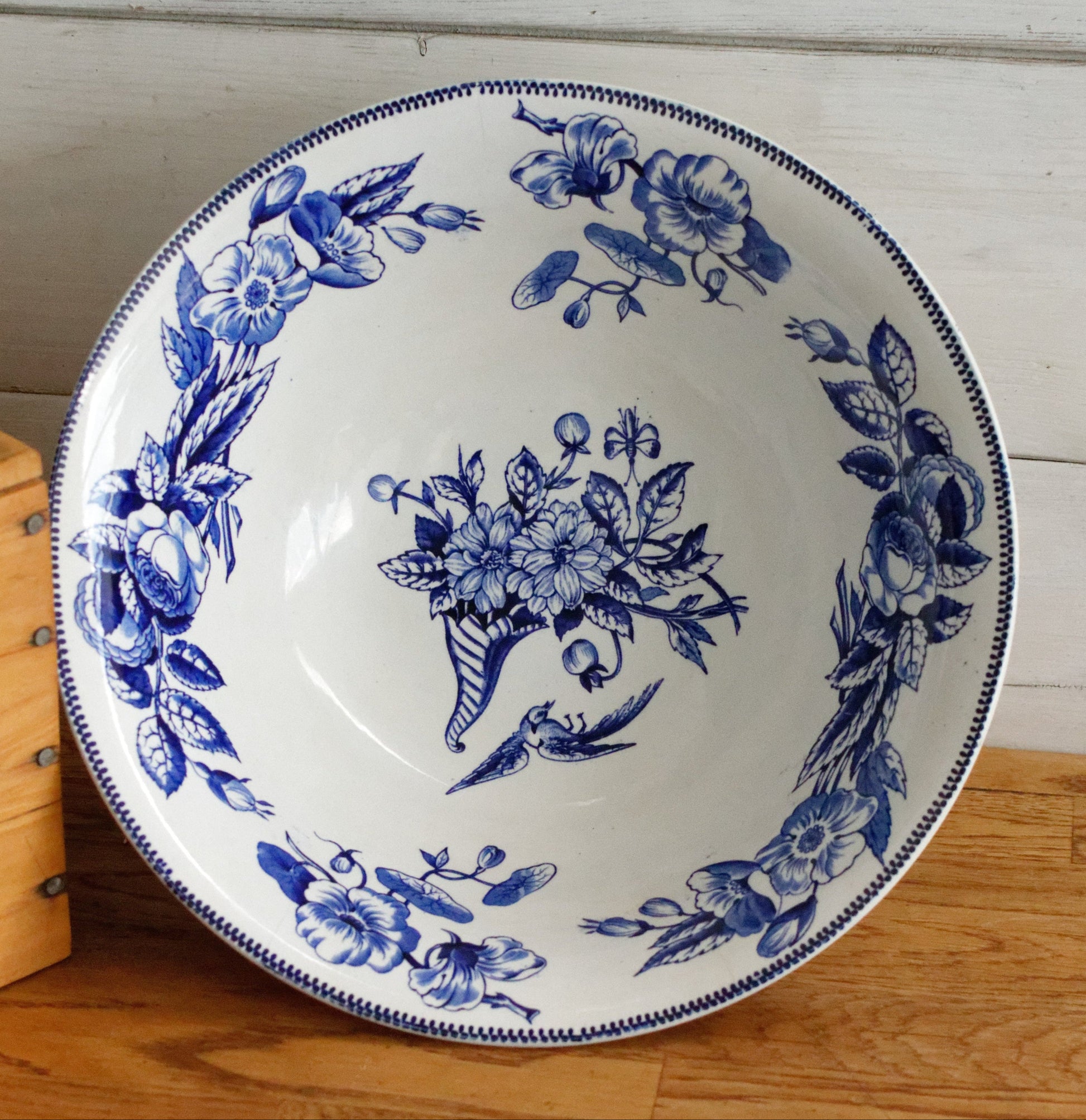 Sce ROUEN CHOISY LE ROI (HB & Cie) Terre de Fer French Antique Ironstone Blue Transferware Footed Serving Bowl Bol Birds & Butterflies Faïence