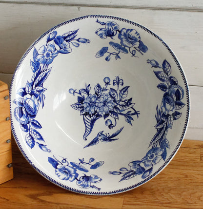 Sce ROUEN CHOISY LE ROI (HB & Cie) Terre de Fer French Antique Ironstone Blue Transferware Footed Serving Bowl Bol Birds & Butterflies Faïence
