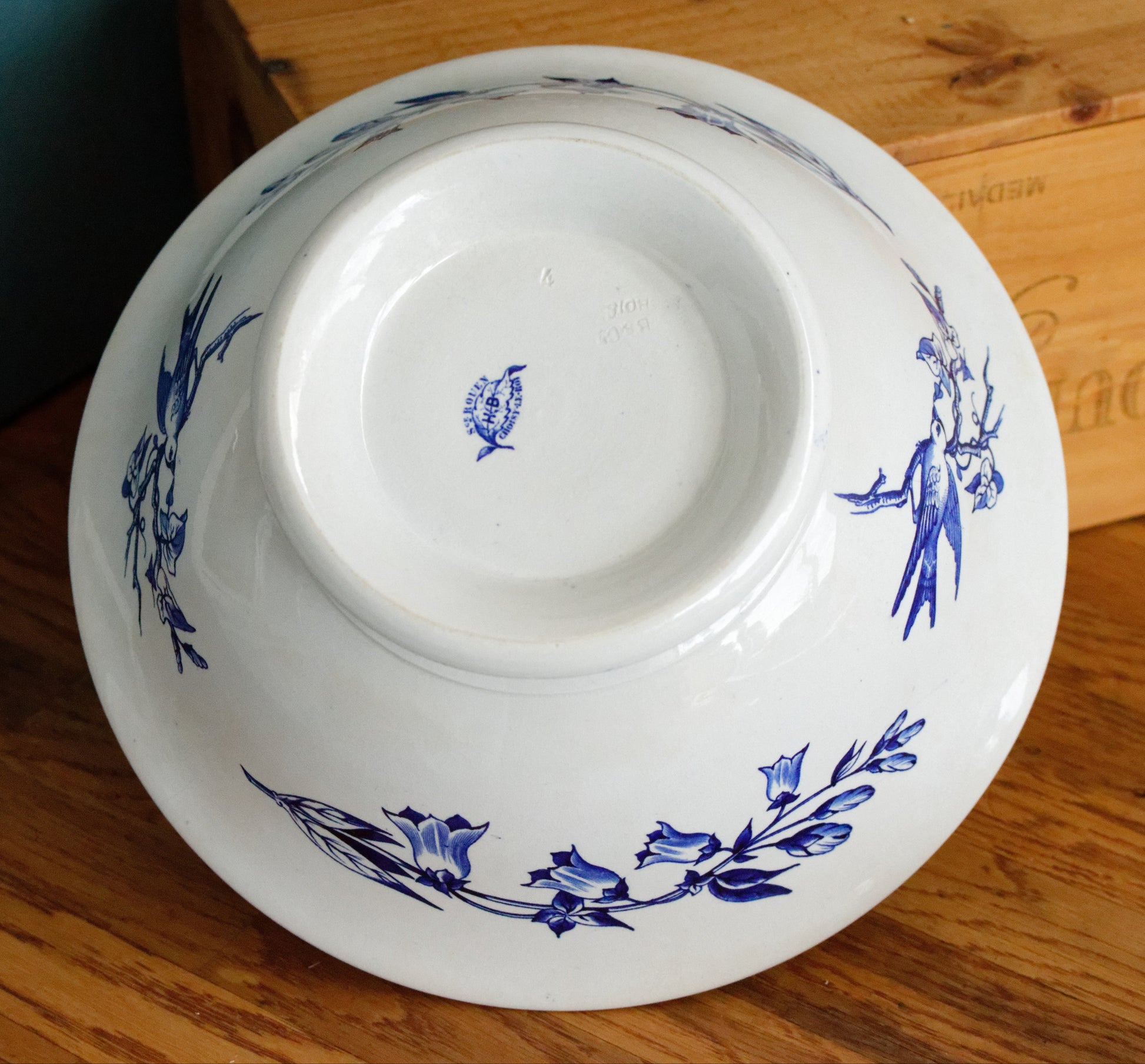 Sce ROUEN CHOISY LE ROI (HB & Cie) Terre de Fer French Antique Ironstone Blue Transferware Footed Serving Bowl Bol Birds & Butterflies Faïence