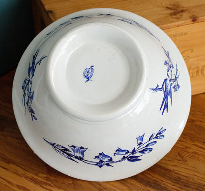Sce ROUEN CHOISY LE ROI (HB & Cie) Terre de Fer French Antique Ironstone Blue Transferware Footed Serving Bowl Bol Birds & Butterflies Faïence