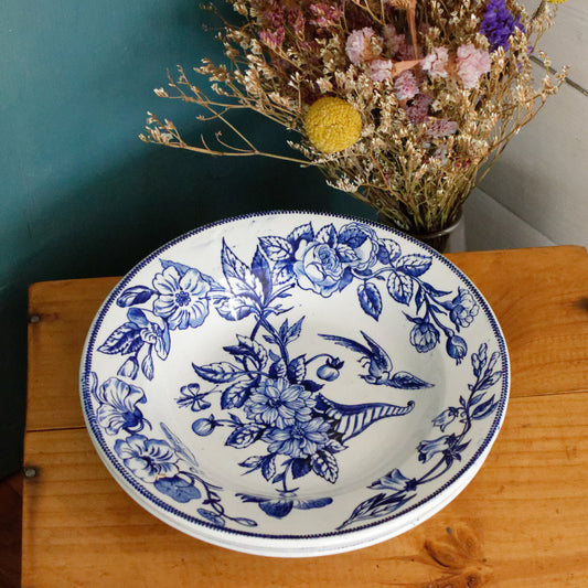 Sce ROUEN CHOISY LE ROI (HB & Cie) Terre de Fer French Antique Ironstone Blue Transferware Soup Plate Birds & Butterflies Faïence