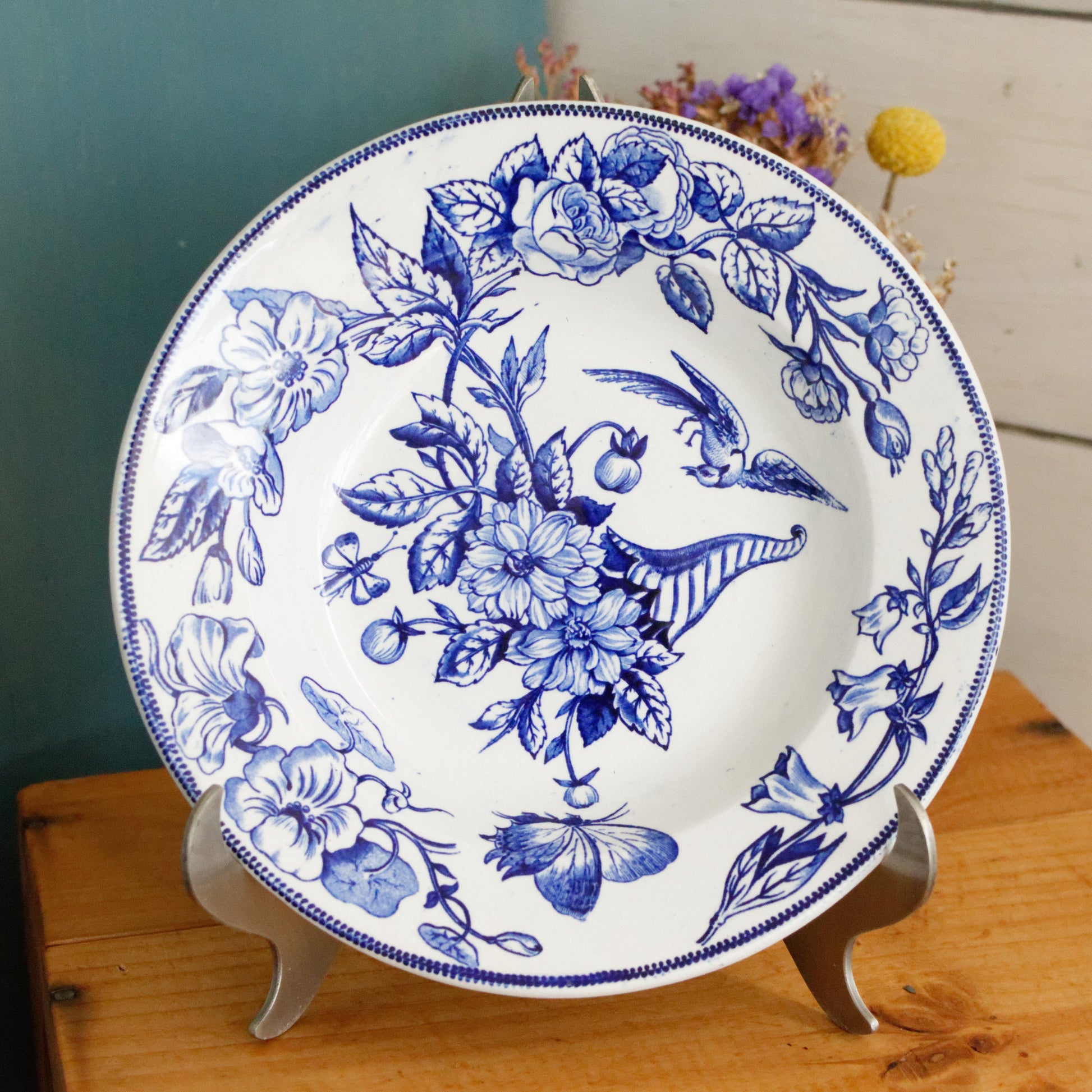 Sce ROUEN CHOISY LE ROI (HB & Cie) Terre de Fer French Antique Ironstone Blue Transferware Soup Plate Birds & Butterflies Faïence