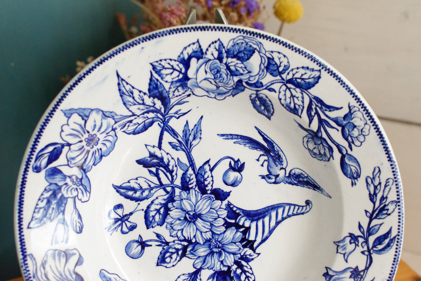 Sce ROUEN CHOISY LE ROI (HB & Cie) Terre de Fer French Antique Ironstone Blue Transferware Soup Plate Birds & Butterflies Faïence