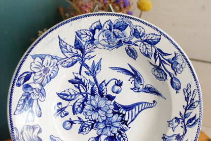 Sce ROUEN CHOISY LE ROI (HB & Cie) Terre de Fer French Antique Ironstone Blue Transferware Soup Plate Birds & Butterflies Faïence