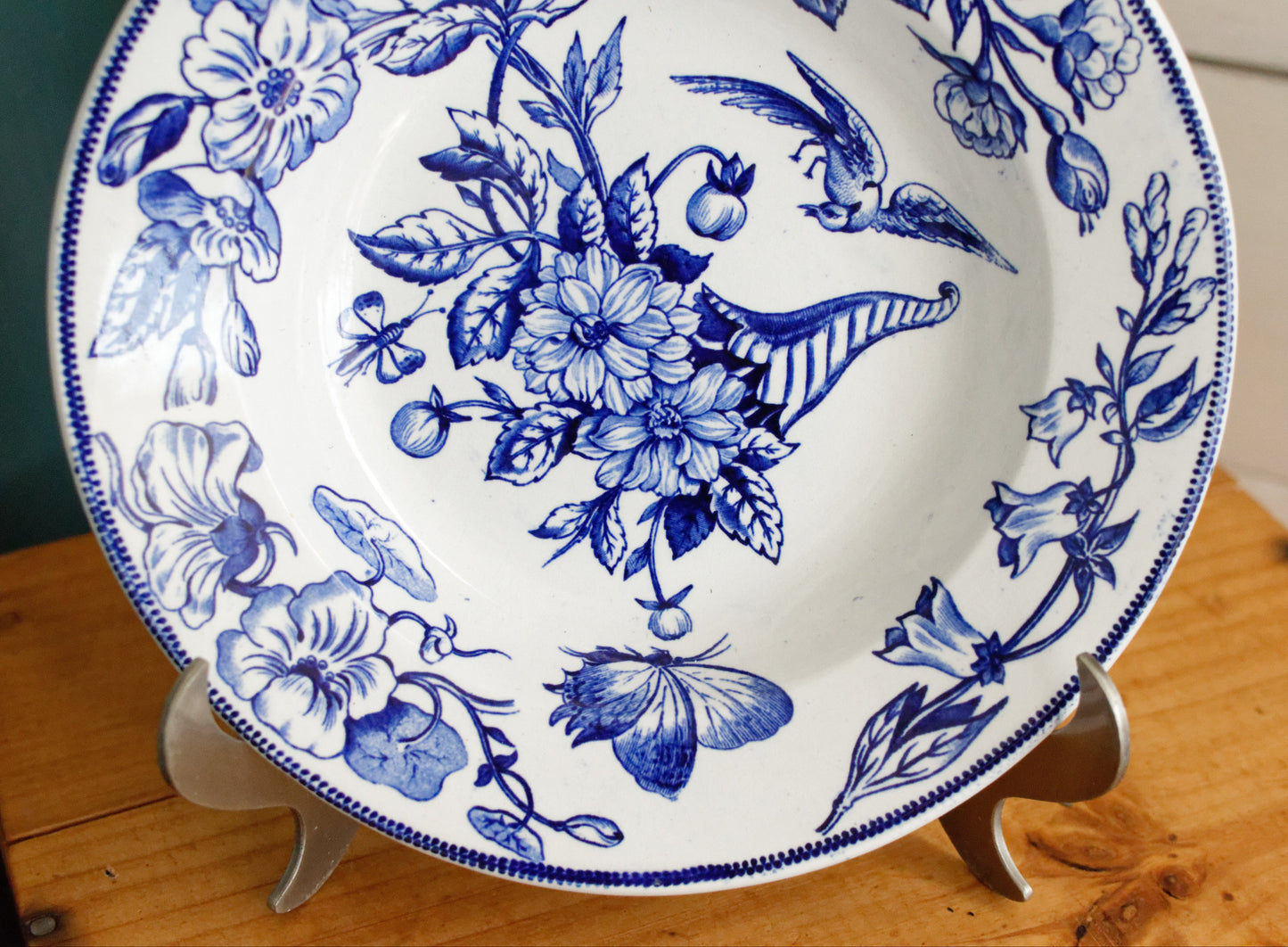 Sce ROUEN CHOISY LE ROI (HB & Cie) Terre de Fer French Antique Ironstone Blue Transferware Soup Plate Birds & Butterflies Faïence