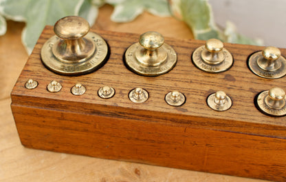 French Antique Collectible Full Set of 12 Brass Weights Hallmarked "Boite de Poids Laiton" Kitchen Decor