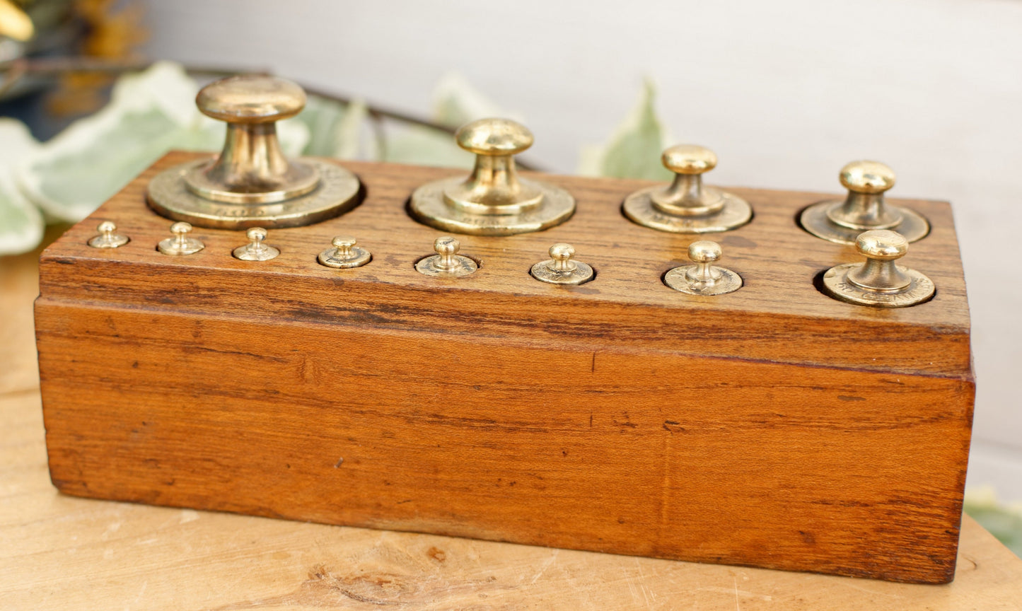 French Antique Collectible Full Set of 12 Brass Weights Hallmarked "Boite de Poids Laiton" Kitchen Decor