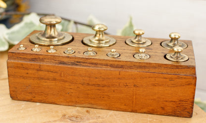 French Antique Collectible Full Set of 12 Brass Weights Hallmarked "Boite de Poids Laiton" Kitchen Decor