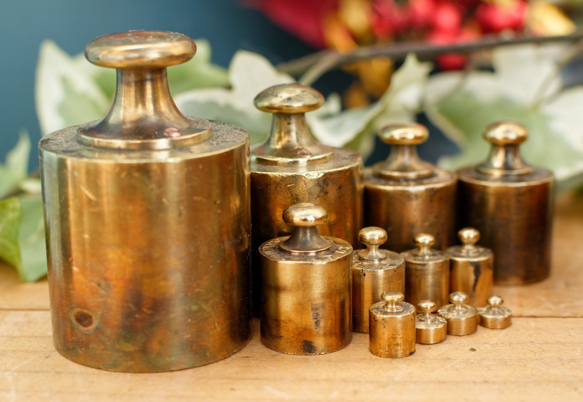 French Antique Collectible Full Set of 12 Brass Weights Hallmarked "Boite de Poids Laiton" Kitchen Decor