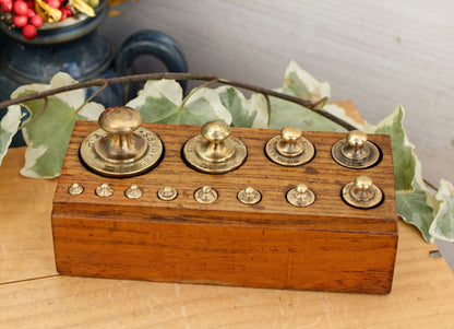 French Antique Collectible Full Set of 12 Brass Weights Hallmarked "Boite de Poids Laiton" Kitchen Decor