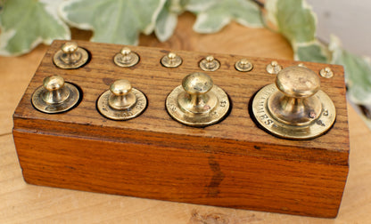 French Antique Collectible Full Set of 12 Brass Weights Hallmarked "Boite de Poids Laiton" Kitchen Decor