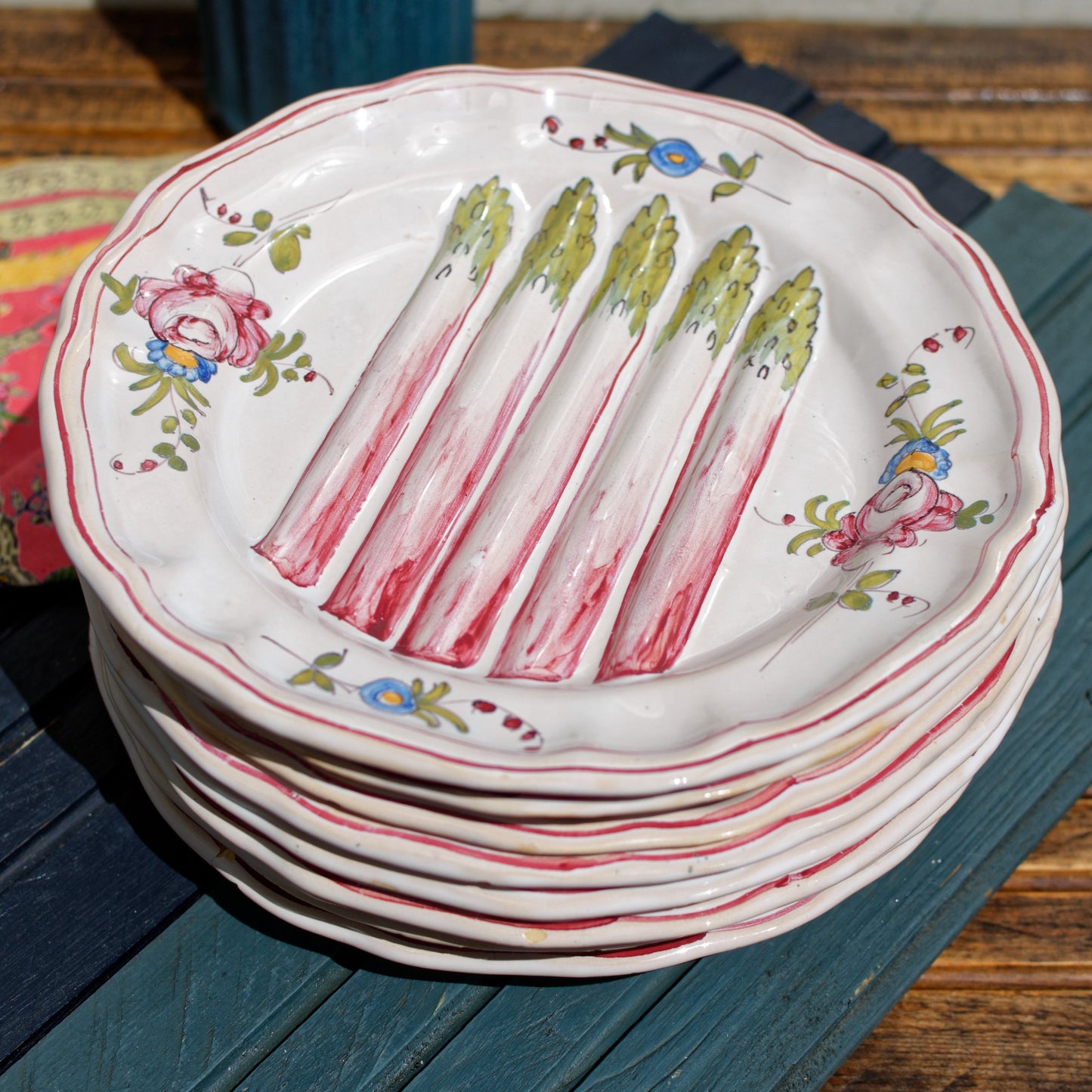 French Asparagus Plate Barbotine Majolica Hand-Painted Embossed Ironstone Earthware