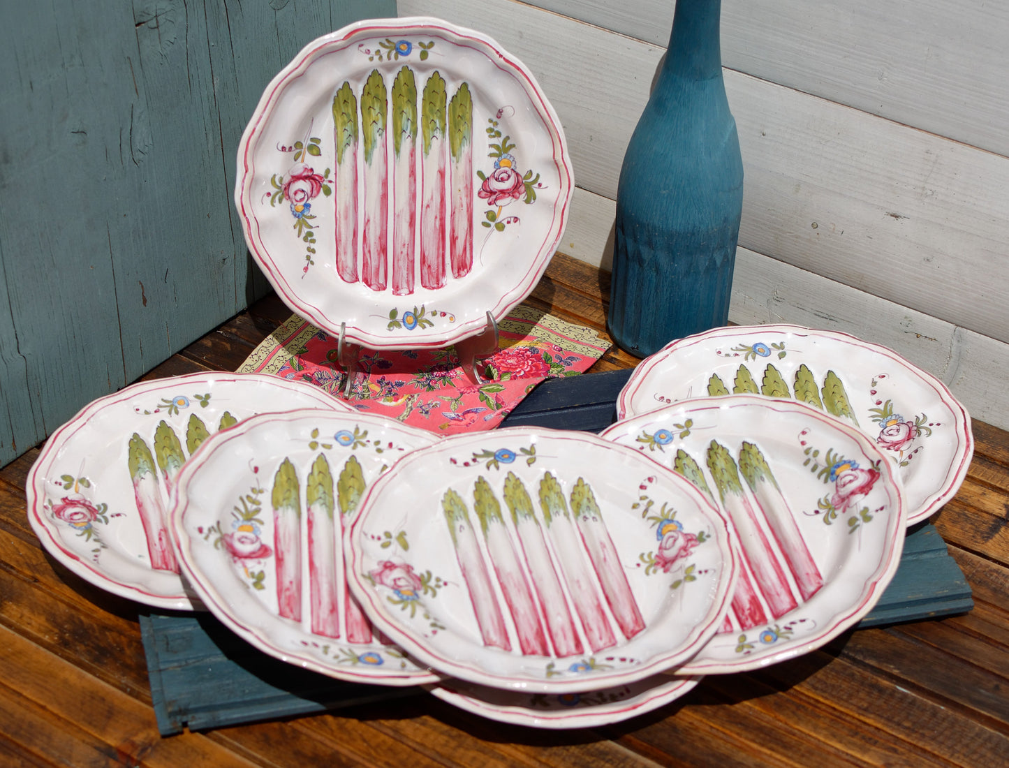 French Asparagus Plate Barbotine Majolica Hand-Painted Embossed Ironstone Earthware