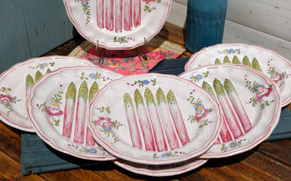 French Asparagus Plate Barbotine Majolica Hand-Painted Embossed Ironstone Earthware