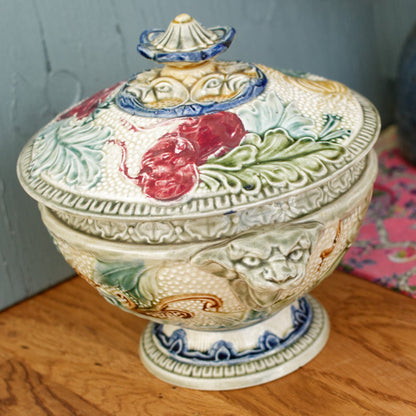 1890s ~ WASMUEL Ceramics ~ Belgian Antique BARBOTINE Majolica SMALL Soup Tureen "Soupiere" ~ Vegetable Decor ~ Faience