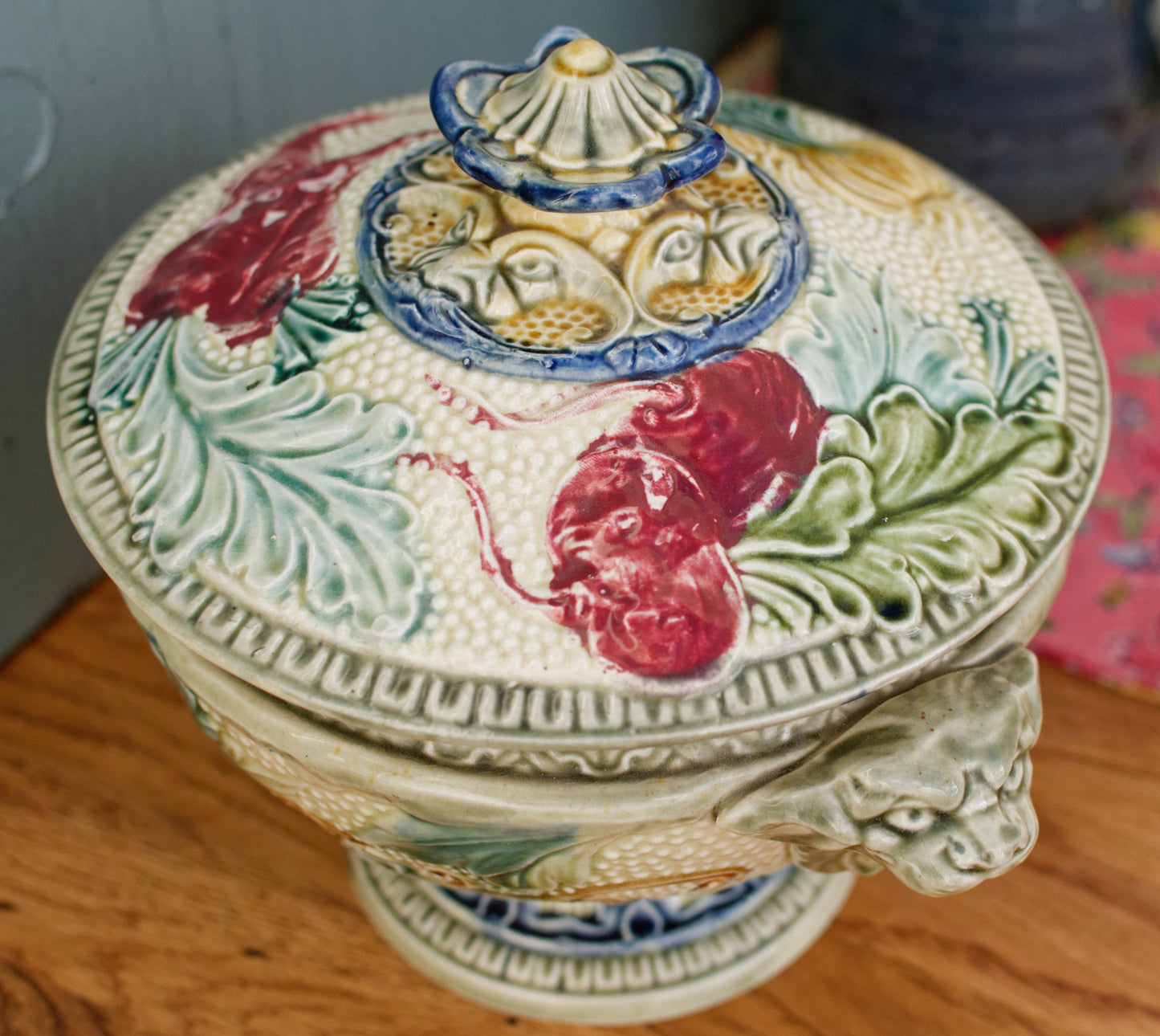 1890s ~ WASMUEL Ceramics ~ Belgian Antique BARBOTINE Majolica SMALL Soup Tureen "Soupiere" ~ Vegetable Decor ~ Faience