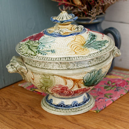 1890s ~ WASMUEL Ceramics ~ Belgian Antique BARBOTINE Majolica SMALL Soup Tureen "Soupiere" ~ Vegetable Decor ~ Faience