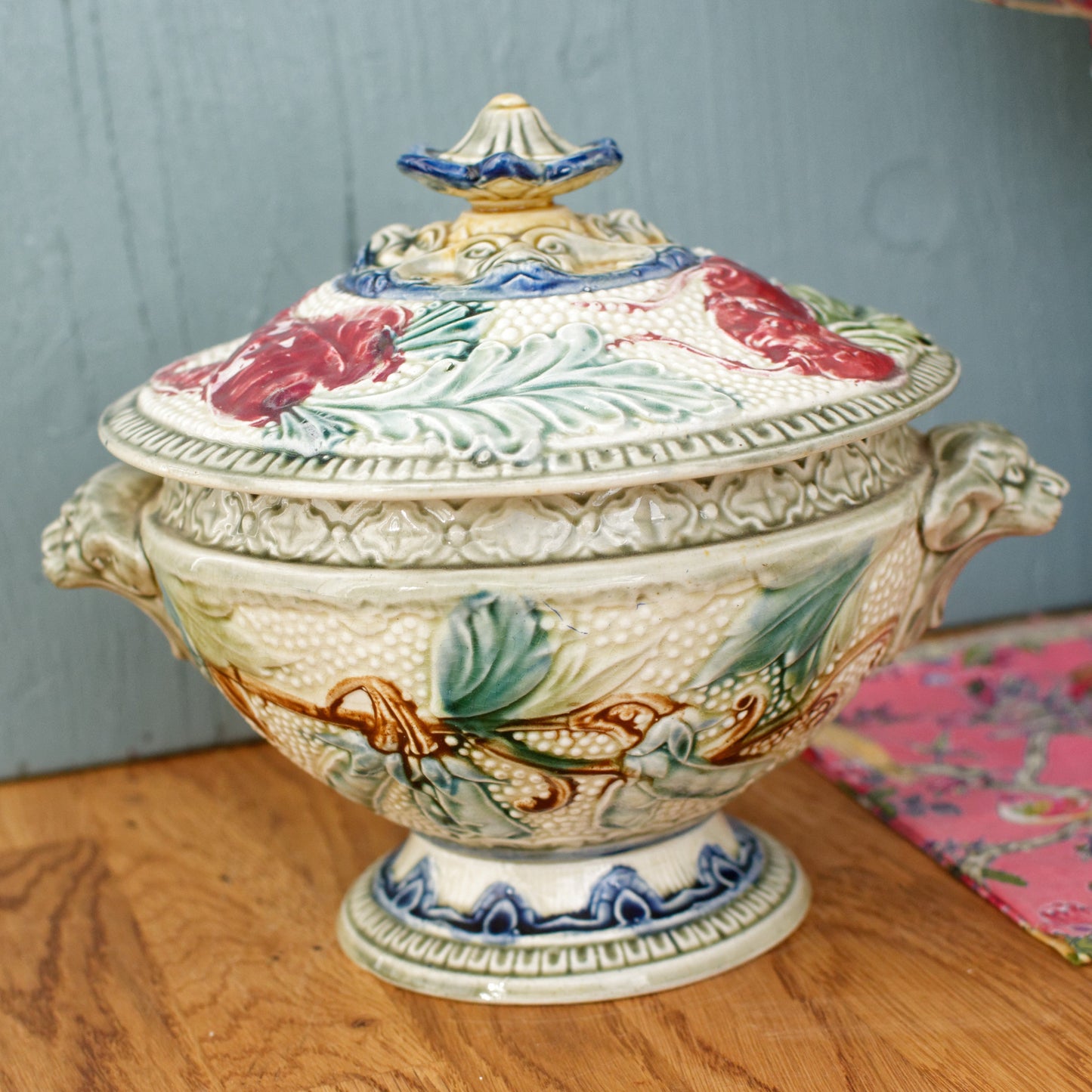 1890s ~ WASMUEL Ceramics ~ Belgian Antique BARBOTINE Majolica SMALL Soup Tureen "Soupiere" ~ Vegetable Decor ~ Faience