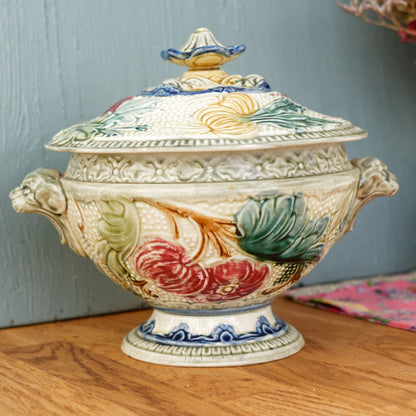 1890s ~ WASMUEL Ceramics ~ Belgian Antique BARBOTINE Majolica SMALL Soup Tureen "Soupiere" ~ Vegetable Decor ~ Faience