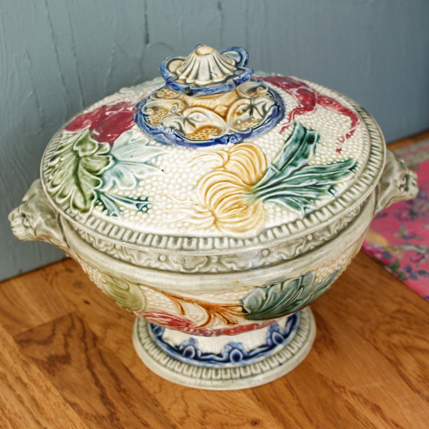 1890s ~ WASMUEL Ceramics ~ Belgian Antique BARBOTINE Majolica SMALL Soup Tureen "Soupiere" ~ Vegetable Decor ~ Faience