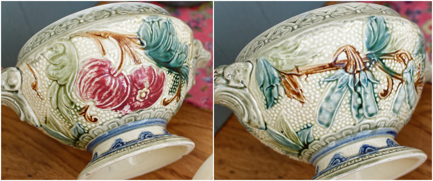 1890s ~ WASMUEL Ceramics ~ Belgian Antique BARBOTINE Majolica SMALL Soup Tureen "Soupiere" ~ Vegetable Decor ~ Faience