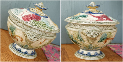 1890s ~ WASMUEL Ceramics ~ Belgian Antique BARBOTINE Majolica SMALL Soup Tureen "Soupiere" ~ Vegetable Decor ~ Faience