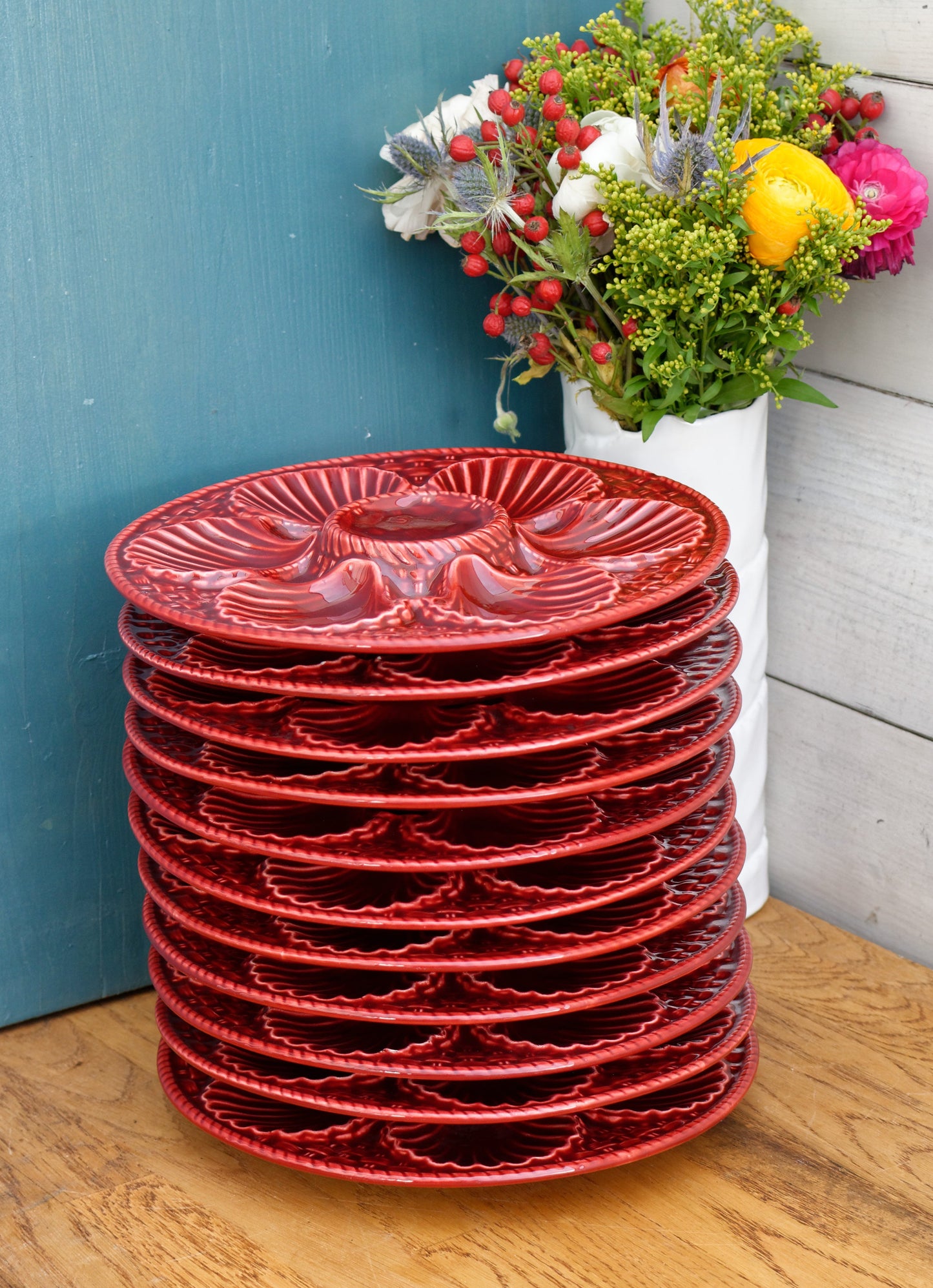 French Vintage Barbotine Majolica Style RED Oyster Huître Shellfish Plate