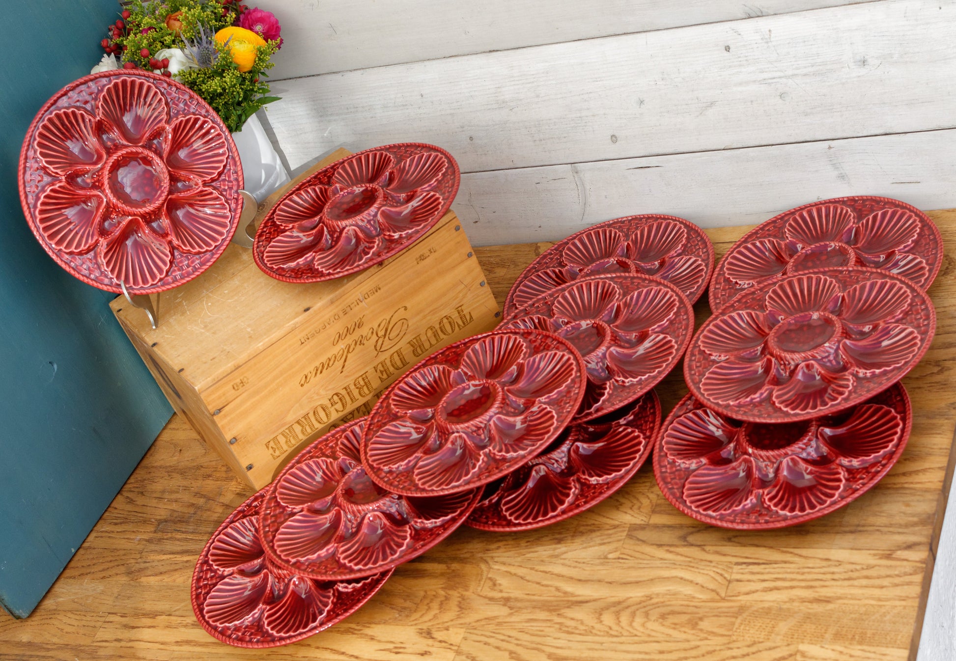 French Vintage Barbotine Majolica Style RED Oyster Huître Shellfish Plate