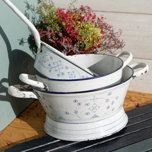 French Vintage Enamelware French Antique White 3-Piece Colander Set