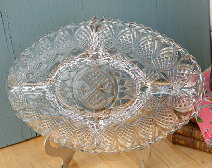  French Vintage Etched Pressed Glass Oval Serving Plate w/ 5 Sections Tray for Appetizers (Hors D'Oeuvres)