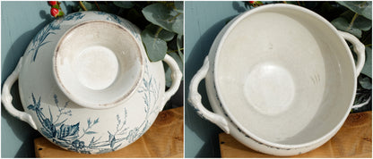 French Antique Ironstone Blue Transferware Soup Tureen MURE Style Terre de Fer