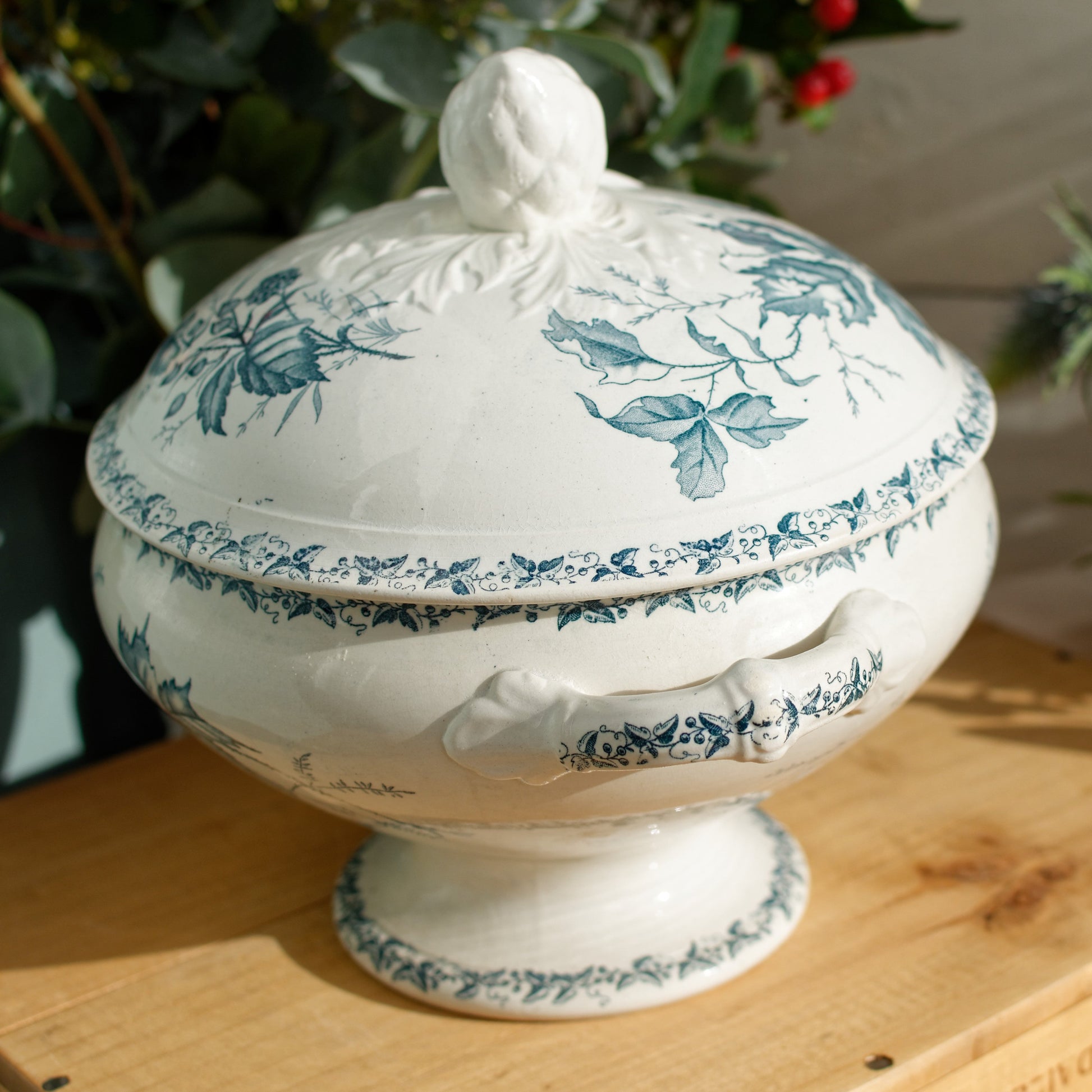 French Antique Ironstone Blue Transferware Soup Tureen MURE Style Terre de Fer