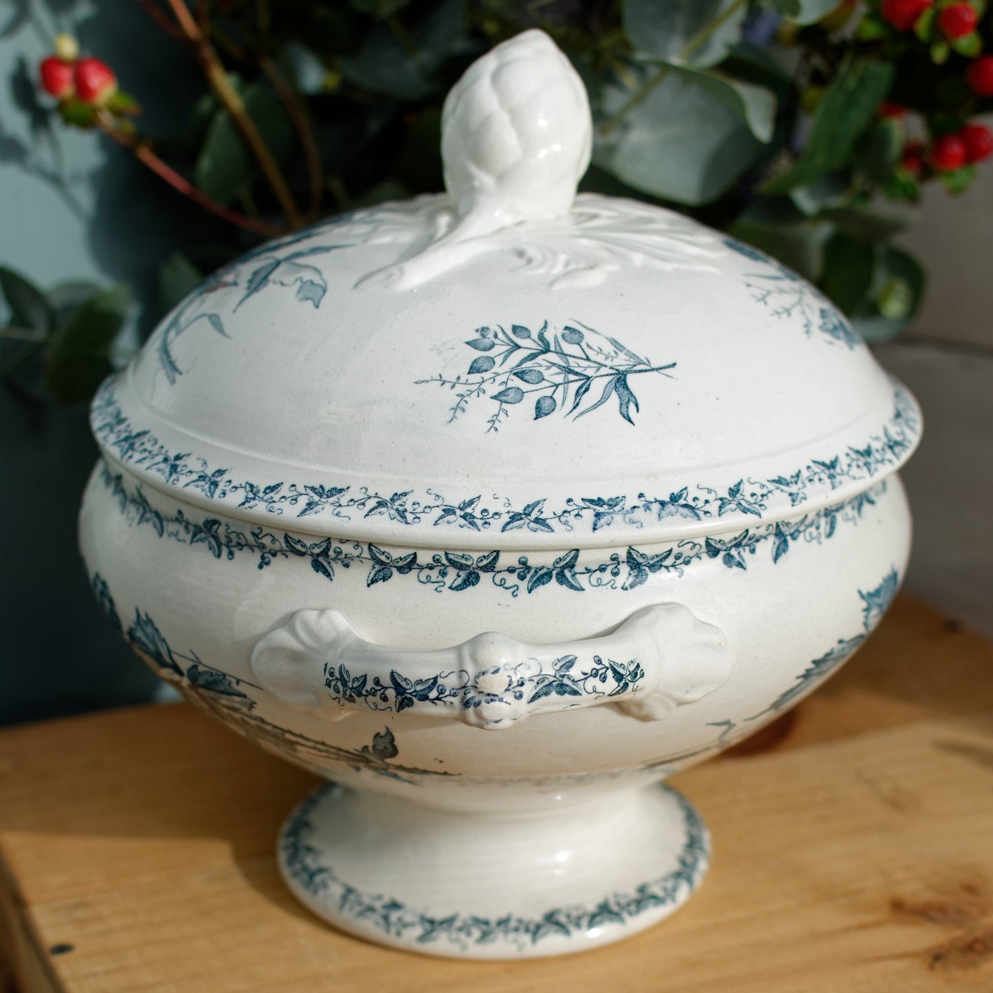 French Antique Ironstone Blue Transferware Soup Tureen MURE Style Terre de Fer