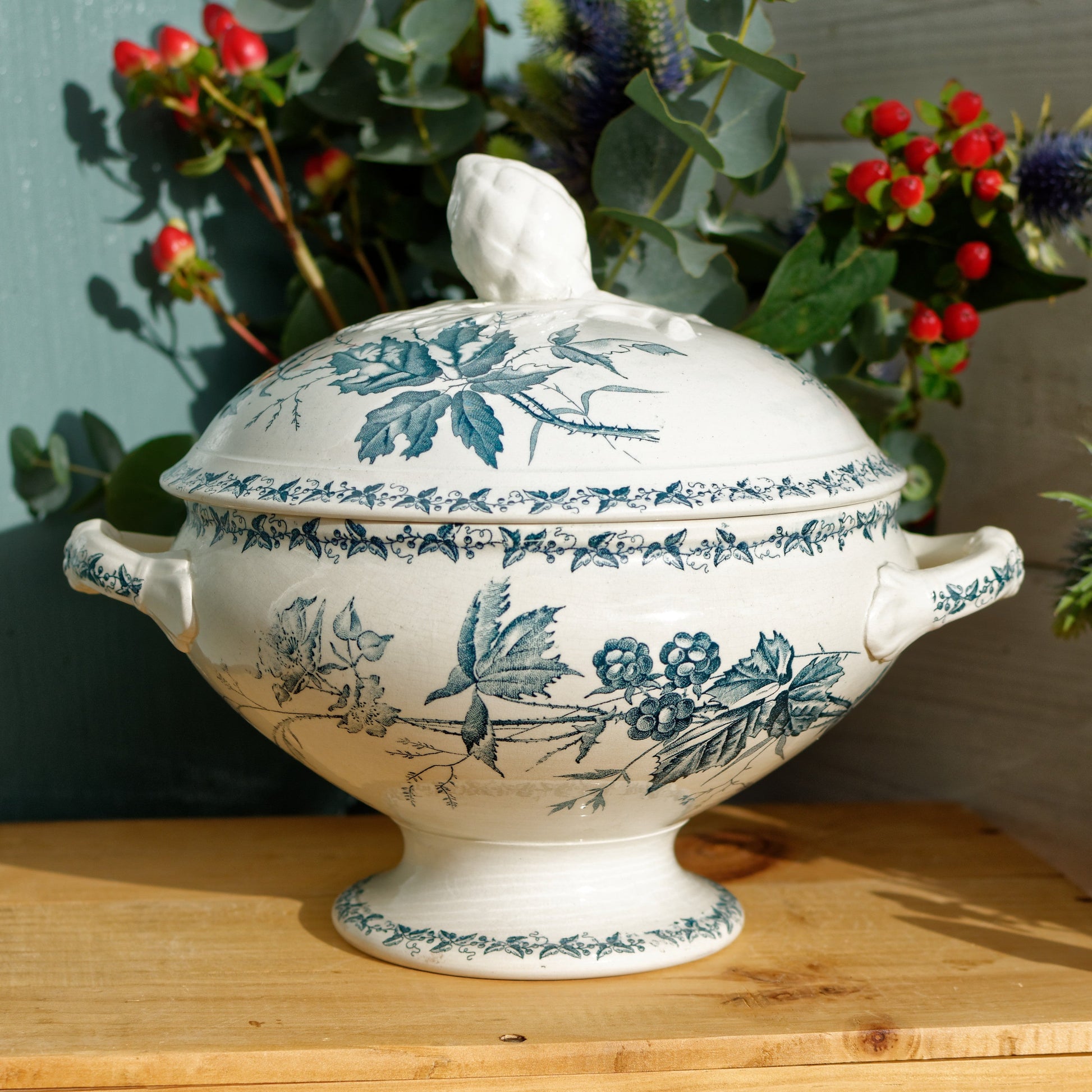 French Antique Ironstone Blue Transferware Soup Tureen MURE Style Terre de Fer