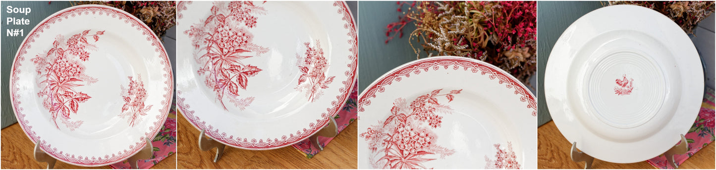 French Antique Ironstone Red Transferware Soup Plate MARGOT Coq Motif Saint Amandinoise Terre de fer