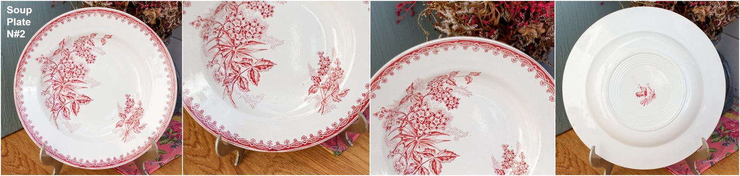 French Antique Ironstone Red Transferware Soup Plate MARGOT Coq Motif Saint Amandinoise Terre de fer