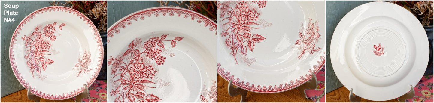 French Antique Ironstone Red Transferware Soup Plate MARGOT Coq Motif Saint Amandinoise Terre de fer