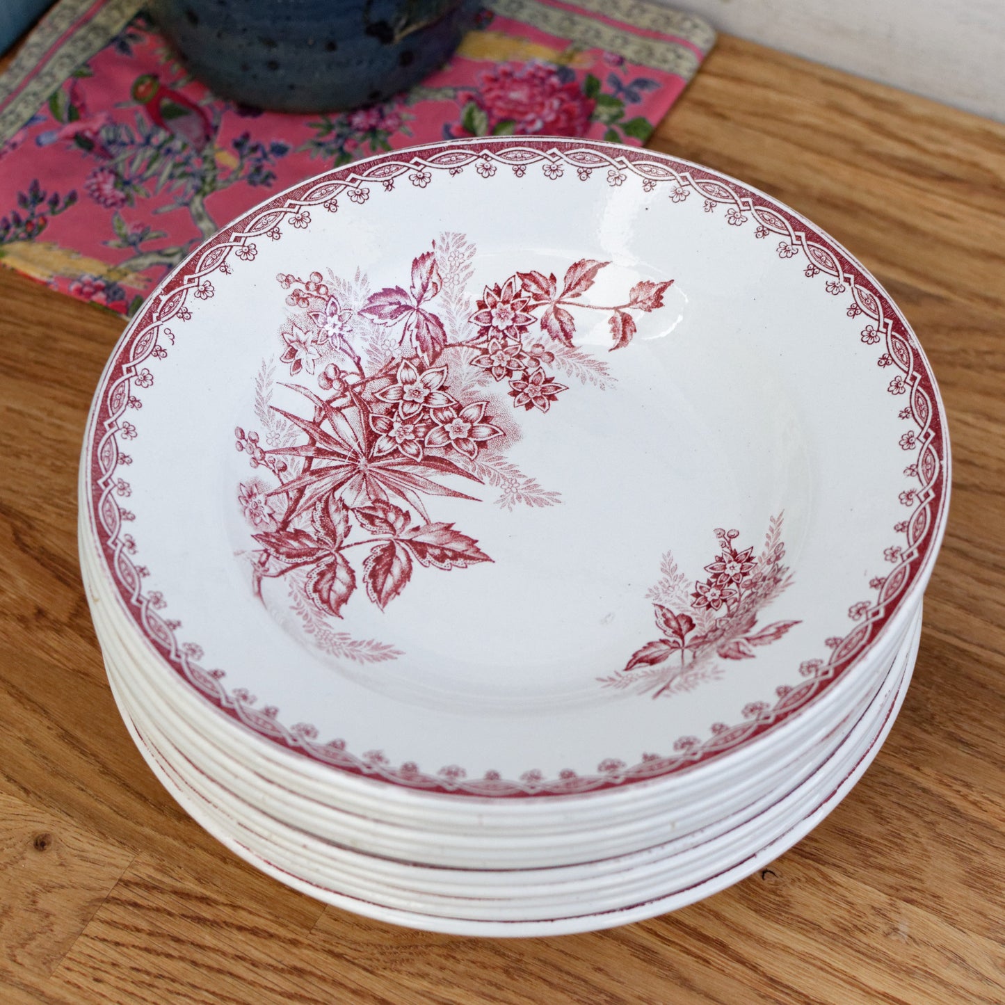 French Antique Ironstone Red Transferware Soup Plate MARGOT Coq Motif Saint Amandinoise Terre de fer